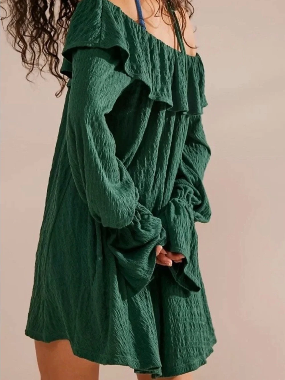 Free People Beach Medium Hayden Off Shoulder Mini Dress Ruffles Emerald Green M